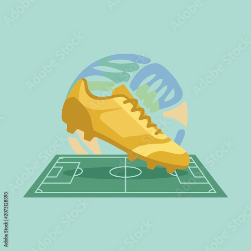 A golden soccer cleat floats above a green football pitch