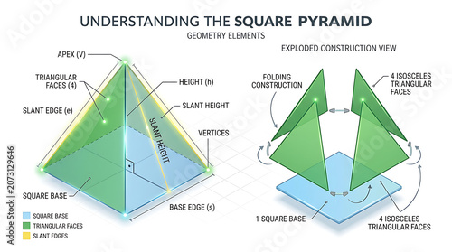 Fényképezés Geometric diagram illustrating the square pyramid's construction and elements cl