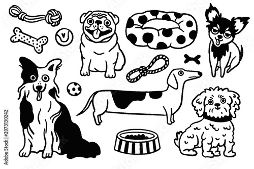 Cute Dogs Doodle Collection with Pet Accessories, Hand Drawn Dog Illustrations