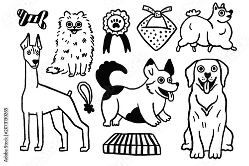 Cute Dogs Doodle Collection with Pet Accessories, Hand Drawn Dog Illustrations