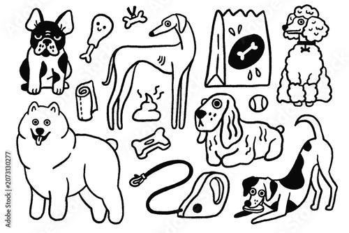 Cute Dogs Doodle Collection with Pet Accessories, Hand Drawn Dog Illustrations