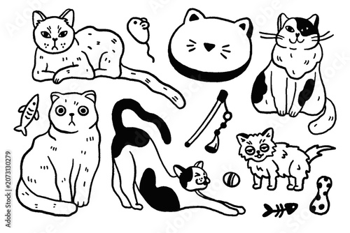 Cute Cats Doodle Collection with Pet Accessories, Hand Drawn Cat Illustrations