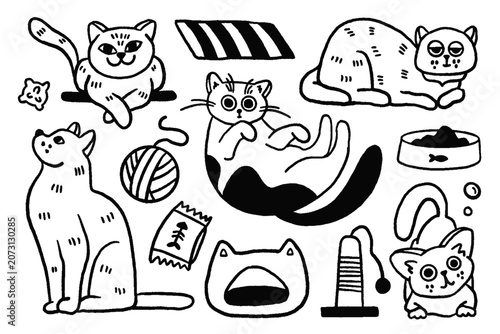Cute Cats Doodle Collection with Pet Accessories, Hand Drawn Cat Illustrations