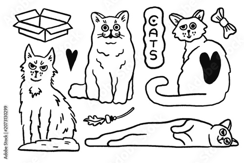 Cute Cats Doodle Collection with Pet Accessories, Hand Drawn Cat Illustrations
