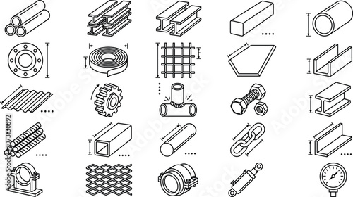 Metal profiles and steel construction line icon set featuring pipes beams sheets bolts and hardware symbols