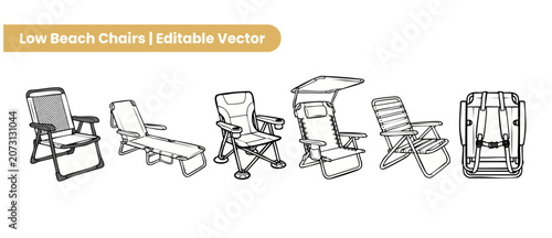 Low beach chairs vector set of folding outdoor camping lounge seats with backpack strap canopy and cup holder details for summer vacation relaxation line art outlines isolated on white background