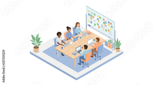 Isometric Illustration of a Diverse Team Working in a Modern Office