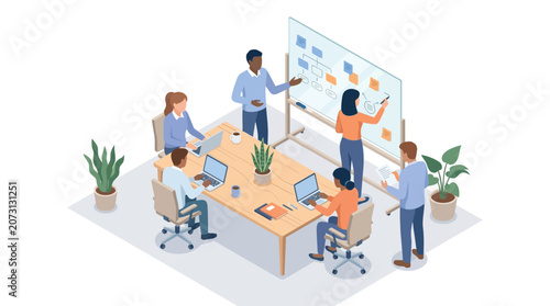 Isometric Diverse Professional Team Collaborating in Modern Office Meeting