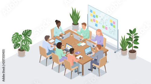 Diverse team of office workers collaborating in an isometric meeting