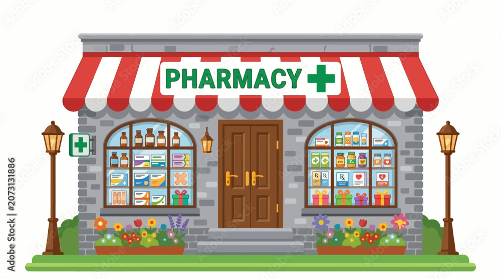 Naklejka premium Colorful pharmacy storefront with red and white awning and flower boxes