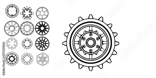 фотографія Flywheel Hub with Center Circle Mechanical Part on White Background Outline