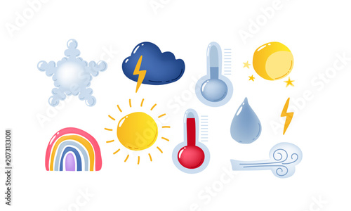 Set of weather pictograms in children's style. Cute colorful icons. Vector illustration. Great for kids weather chart, educational app, preschool poster, or playful stationery stickers