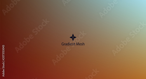 Warm gradient mesh from rich brown to light teal with a central abstract symbol