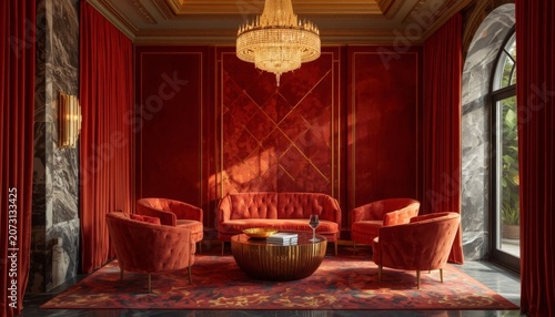 This is an image of a living room with red walls and a chandelier