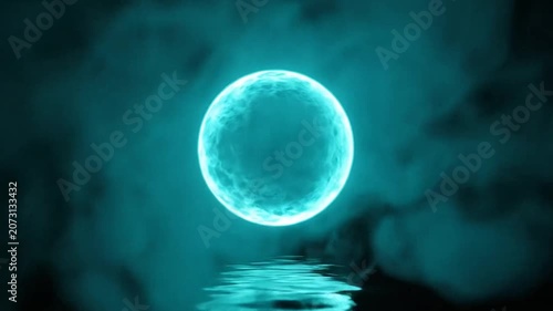 Luminous blue energy orb reflecting in dark water surface.