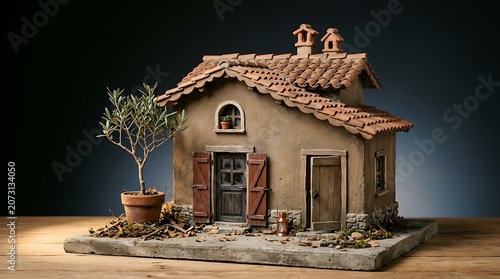 Miniature rustic mediterraneanstyle house model with olive tree