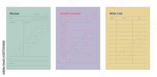 Recipe, Healthtracker, Wish list planner. Minimalist planner template set. Vector illustration.	

