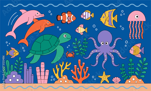 Colorful Coral Reef Animal Collection.