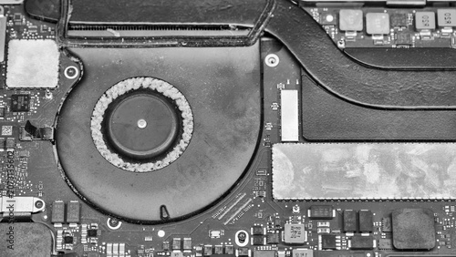 Konstfotografi Dirty laptop cooling fans with dust buildup inside computer internal hardware