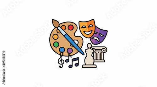 A colorful illustration depicts artistic elements