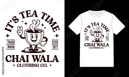 Vintage rubber hose tea cup mascot Chai Wala typography graphic t-shirt design