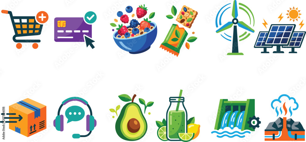Naklejka premium Flat Vector Icon Set with E-commerce Shopping Healthy Organic Food and Renewable Green Energy Symbols for Creative Web and Mobile App Designs
