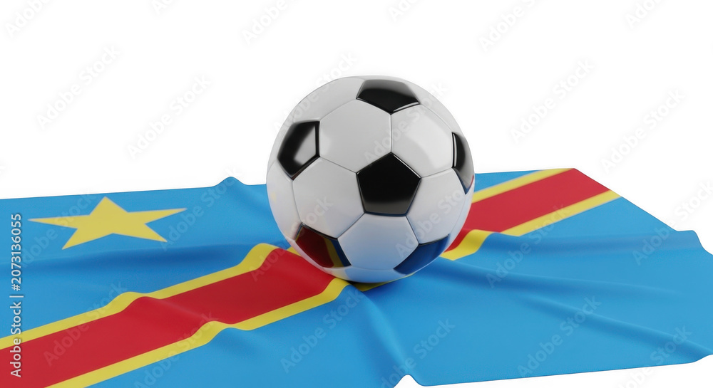 Naklejka premium Soccer ball resting on Democratic Republic of Congo flag with soft lighting and shallow depth of field