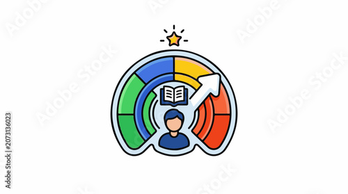 A colorful gauge with a person and book at its center