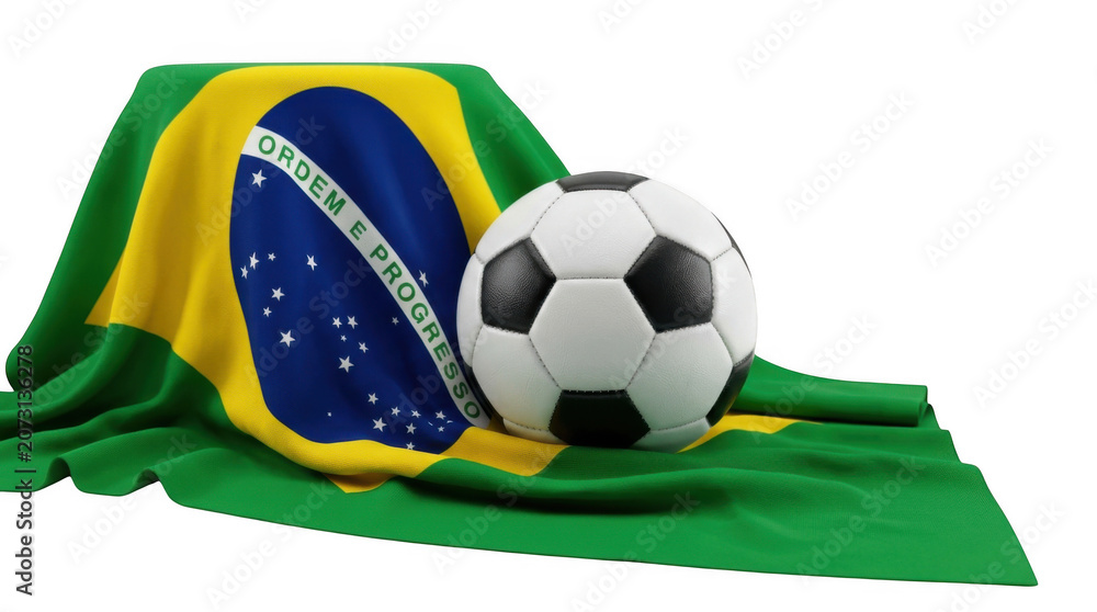 Naklejka premium Soccer ball resting on draped Brazilian flag with bright studio lighting