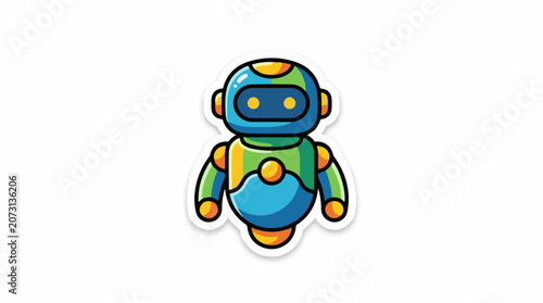 A colorful cartoon robot with a rounded body and head