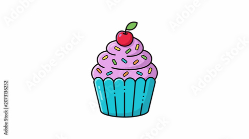 A colorful cartoon cupcake with purple frosting and sprinkles