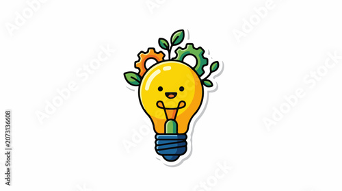 A smiling cartoon lightbulb with green leaves and gears