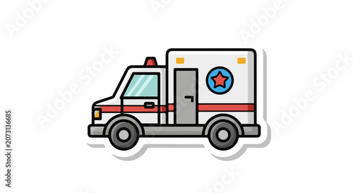 A cartoon-style illustration of a white ambulance with red and blue accents