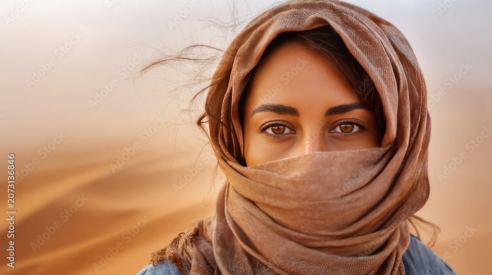 Fototapeta premium woman in hijab close-up against sandstorm in desert. Climate change in Africa is causing a terrible sandstorm, carrying mud and sand across the savannah, disrupting normal life.