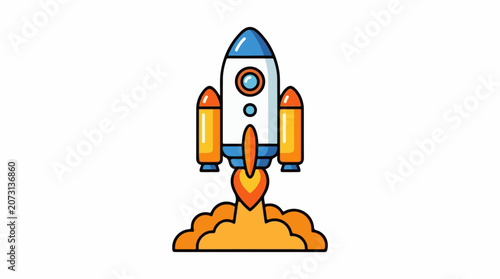 A cartoon-style illustration of a rocket ship launching into the air with flames