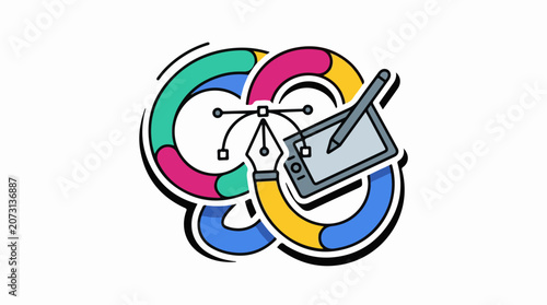 A stylized graphic illustration of a color wheel with a digital drawing tablet