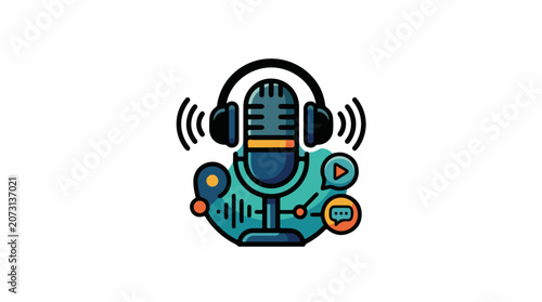 A stylized illustration of a microphone with headphones and icons