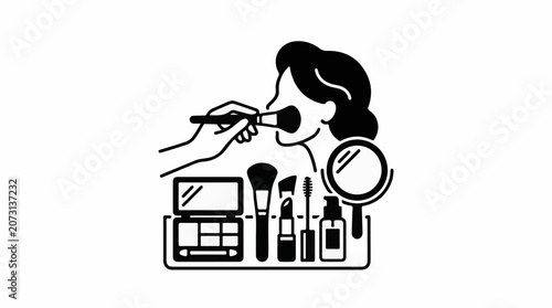 A woman applies makeup with a brush in front of a table with makeup
