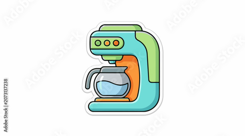 A cartoon-style coffee maker with a light blue body and green accents