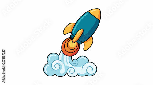 A cartoon rocket ship blasting off into the sky with a trail of clouds