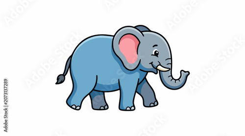 A cartoonish blue elephant with large pink ears and a long curved tusk smiles