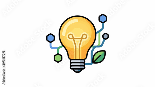 A yellow lightbulb with green and blue circuits and a leaf