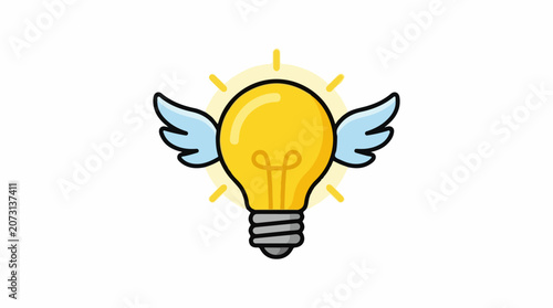 A cartoon lightbulb with yellow glow and blue wings on a white background