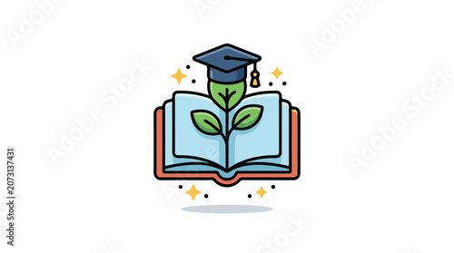 A cartoon illustration of an open book with a plant growing out of it wearing a graduation cap