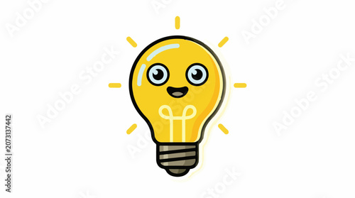 A cartoon lightbulb with a smiling face and glowing lines