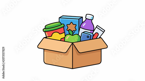 A cardboard box overflowing with groceries and household items