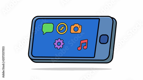 A blue smartphone with icons on screen