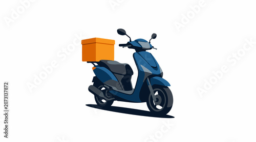 A blue scooter with an orange delivery box on the back