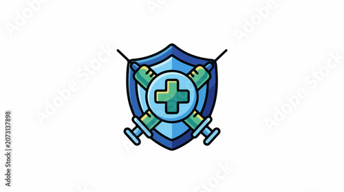 A blue shield with a green and yellow cross surrounded by three syringes