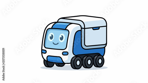 A blue and white cartoon vehicle with a smiling face